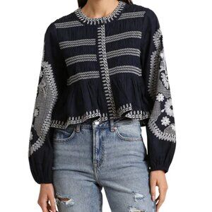NWT 7 for all Mankind Embroidered Puff Sleeve Snap Button Jacket in Navy Blue